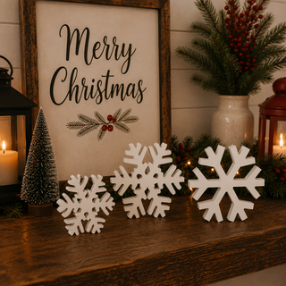 White wooden snowflakes for Christmas mantel décor
Freestanding snowflake decorations for holiday shelves
Wooden snowflake figurines for a Christmas tabletop
White winter decorations for fireplace mantel styling
Snowflake décor for an entryway console table
Wooden Christmas snowflakes for a holiday centerpiece
White snowflake accents for floating shelves
Small snowflake decorations for tiered tray décor
Christmas snowflakes for a holiday village display