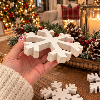 wooden snowflake holiday decorations
neutral farmhouse Christmas decorations
white snowflake winter home decor
wooden Christmas snowflake tabletop decorations