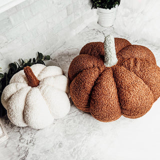 White Plush Pumpkin, Brown Fabric Pumpkin with Stem