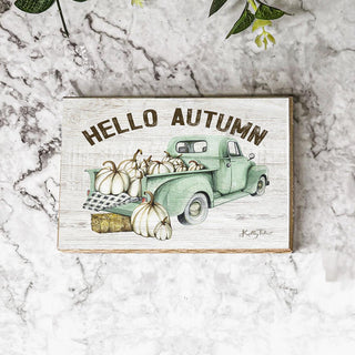 Hello Autumn Wooden Sign With Teal Vintage Truck and Pumpkins in the Back